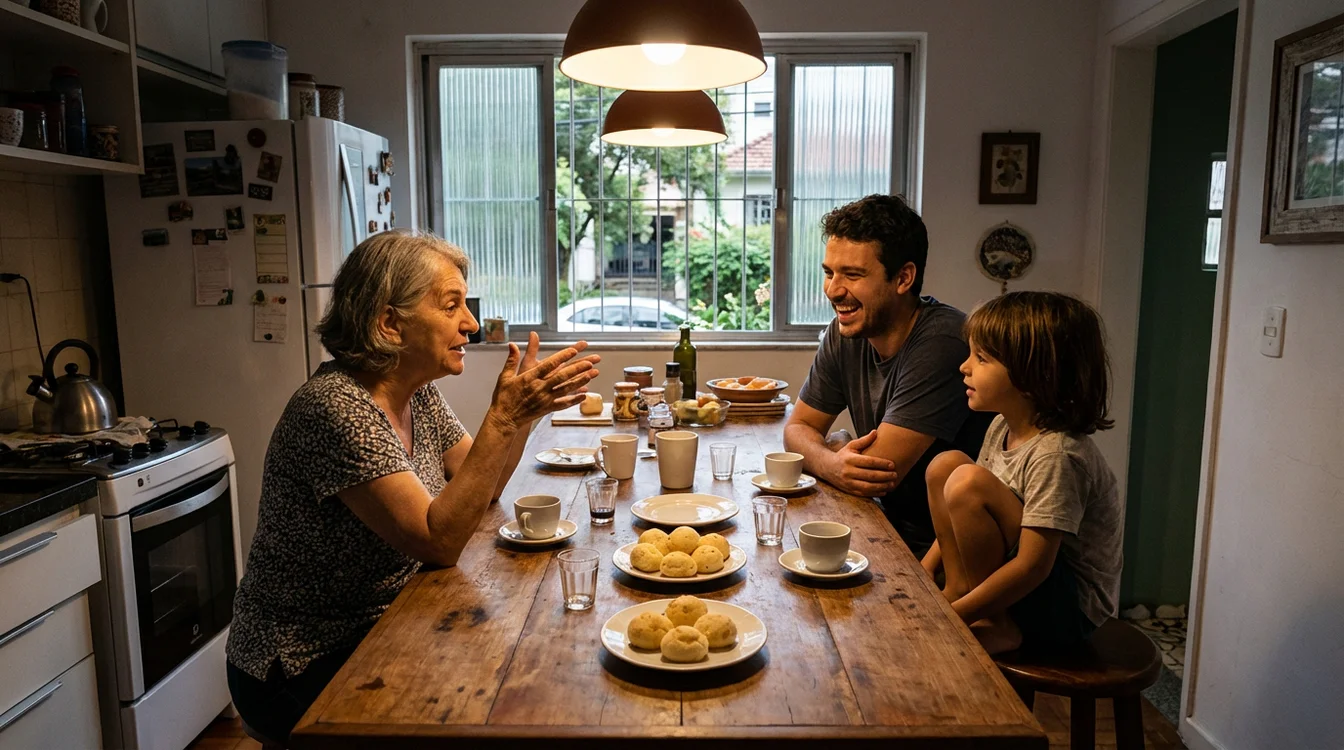 Grupo de pessoas conversando em ambiente informal, compartilhando histórias