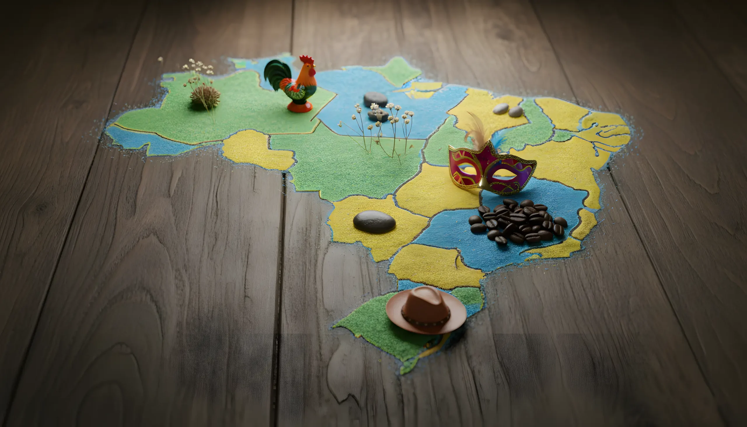 Mapa estilizado do Brasil feito com materiais naturais mostrando a diversidade regional e cultural das interpretações do jogo do bicho