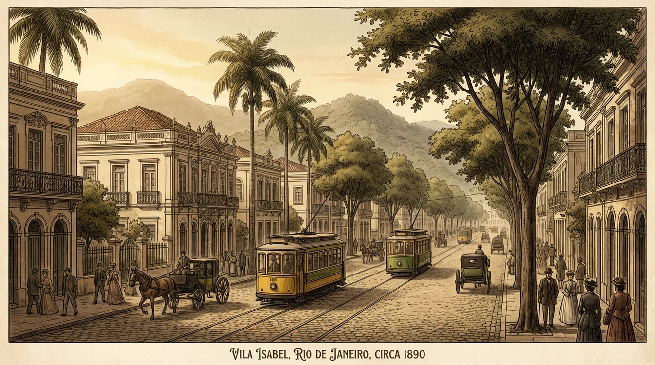 Vista panorâmica do bairro Vila Isabel no Rio de Janeiro do final do século XIX com bondes e ruas arborizadas