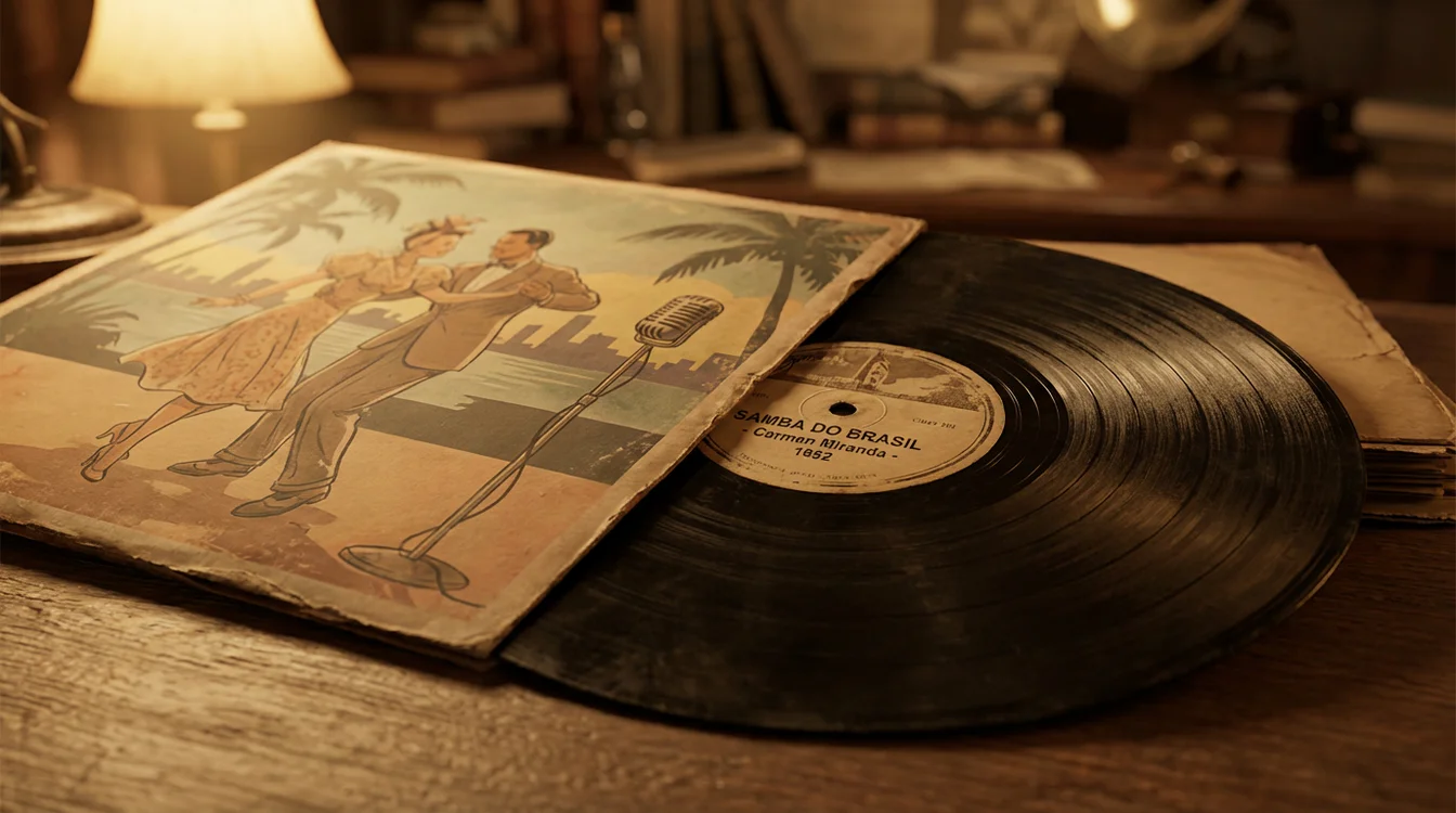 Disco de vinil antigo de samba brasileiro sobre uma mesa com capa ilustrada visível