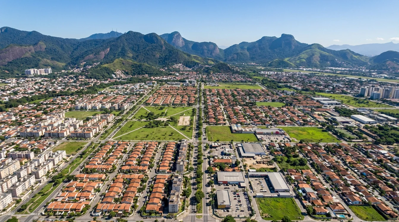 Vista aérea da zona oeste do Rio de Janeiro com bairros residenciais e montanhas ao fundo