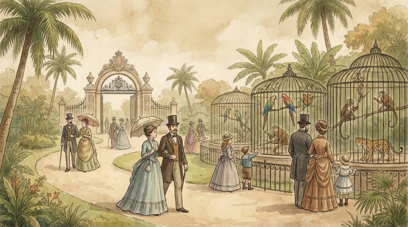 Ilustração histórica do Zoológico de Vila Isabel no final do século XIX com visitantes elegantemente vestidos